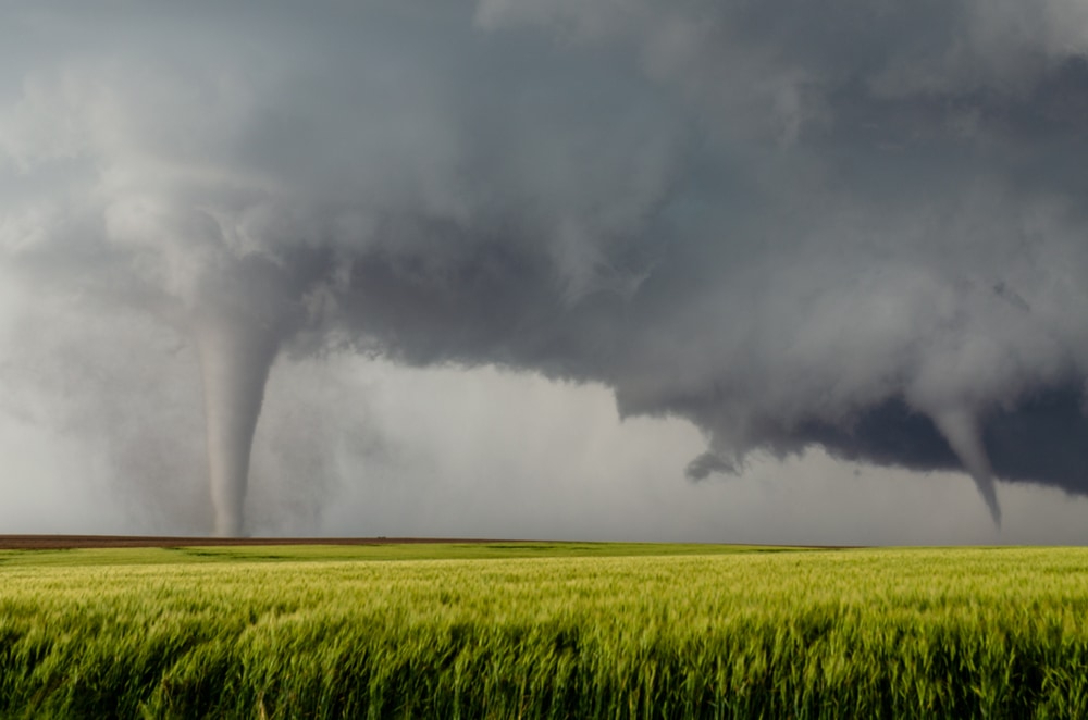 image of two tornadoes on a hitting a grass field