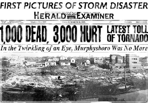 Herald Examiner headline covering the Great Tri-State Tornado of 1925.