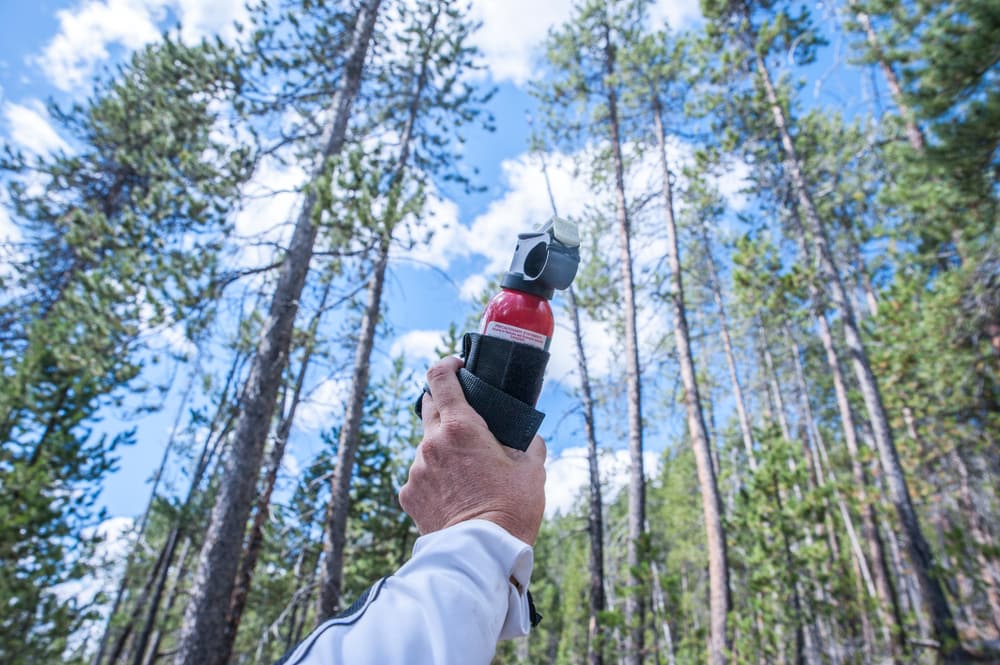 a man holding a bear spray in the forest
