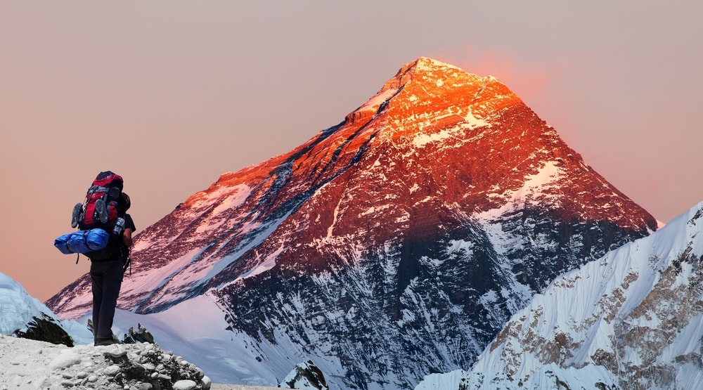 View of the Mount Everest from the Gokyp Valley at sunset 