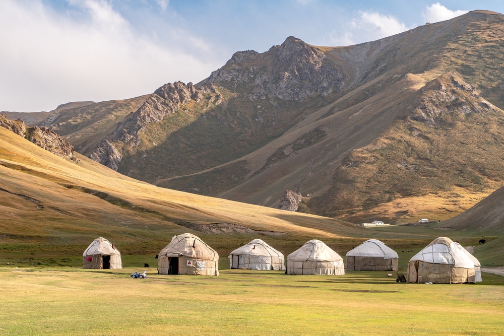 Six yurts below the mountains