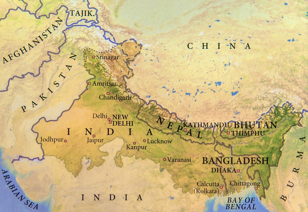 Map showing india, china, pakistan, and other countries in asia