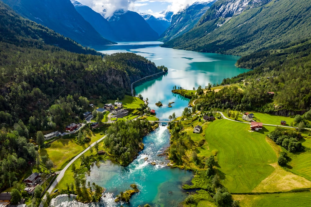 Fjord in aerial view with lots of mountains