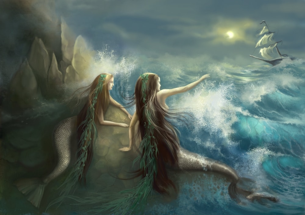Painting of a two mermaids pointing on a boat