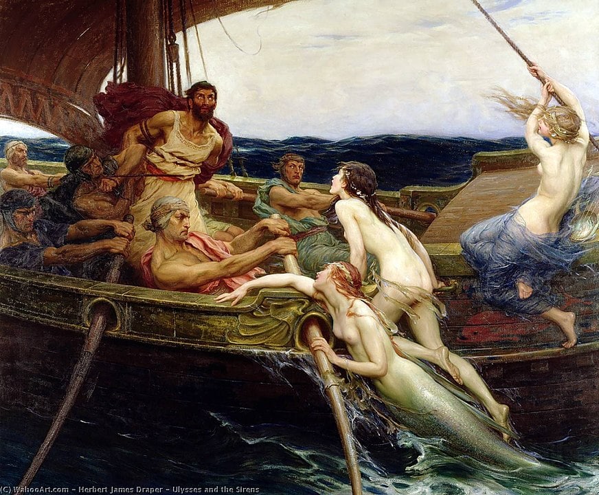 Painting of Odysseus seduced by mermaids
