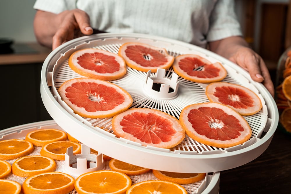 a wan putting sliced orange on a plastic dehydrator tray