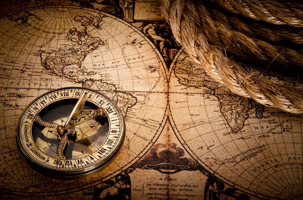 a vintage compass and an old map