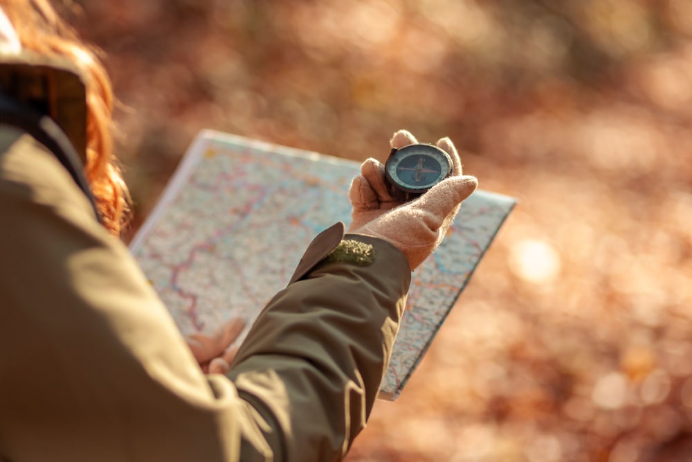 a hiker reading a compass and a map