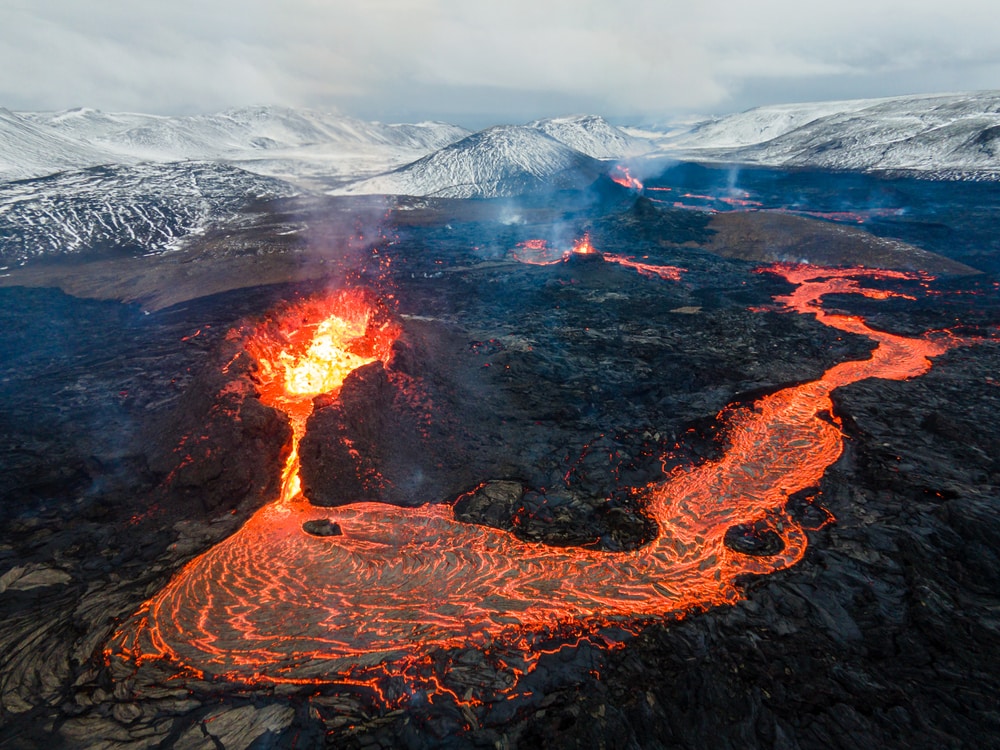 aerial view of the lava flow Mount Fagradalsfjall, Iceland