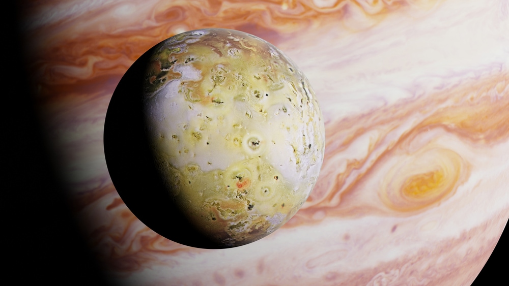 3d rendered image of Jupiter Io moon in front of planet Jupiter