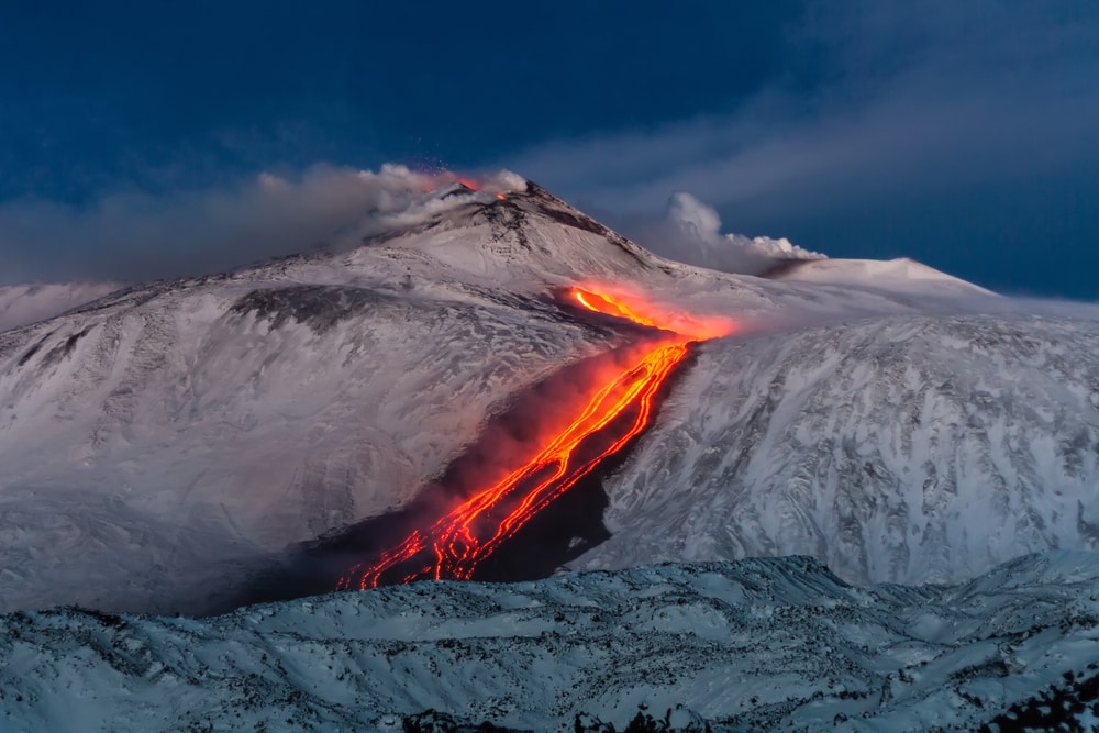 lava flowing and passing through the snow in Mt. Etna