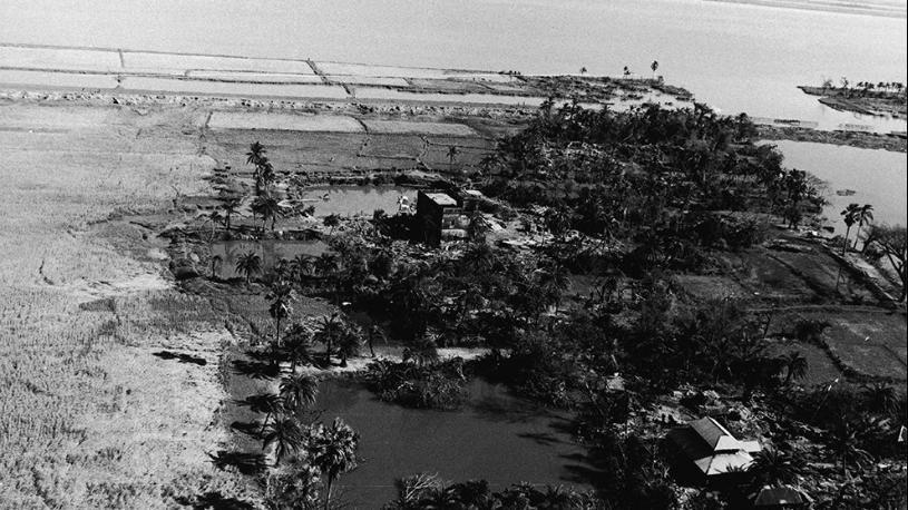 Bhola Cyclone damages in black and white photo in year 1970