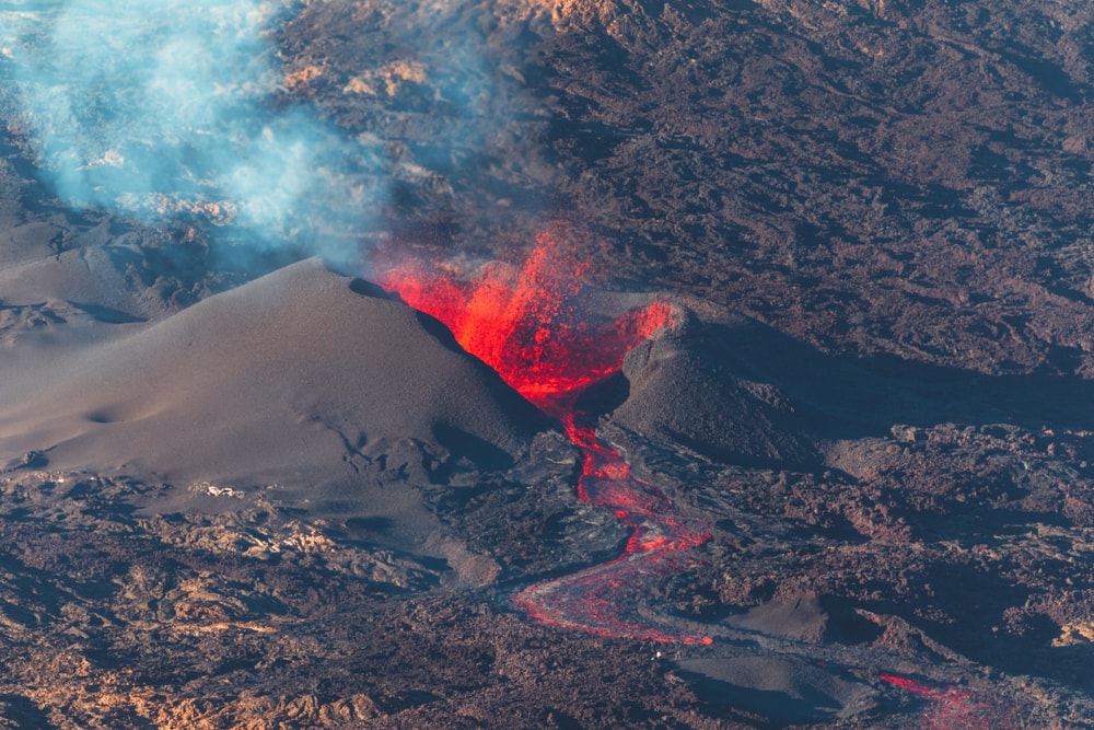 Aerial view of a volcano erupting