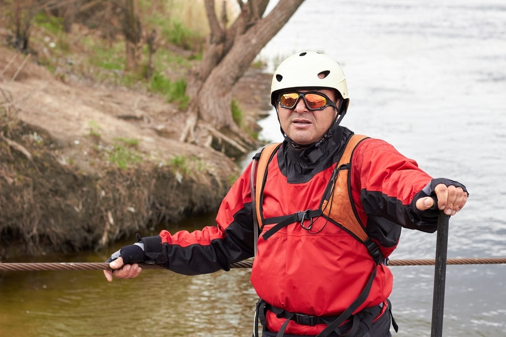 a man wearing a waterproof jacket for rafting