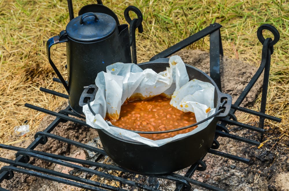 Baked Beans cooked on a grilling pan