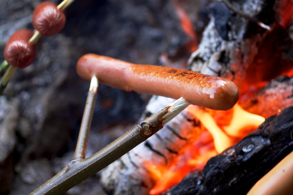 Hot dogs roasted on a fire in charcoal