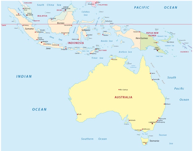 Indonesia, Papua new Guinea, and Australia in a map