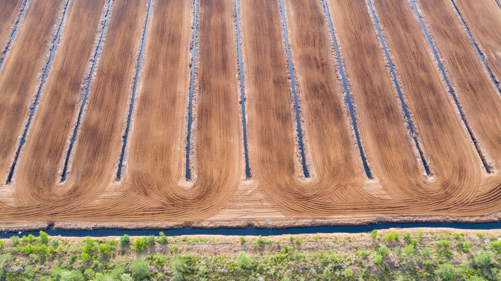 aerial view of peat extraction from natural bogs