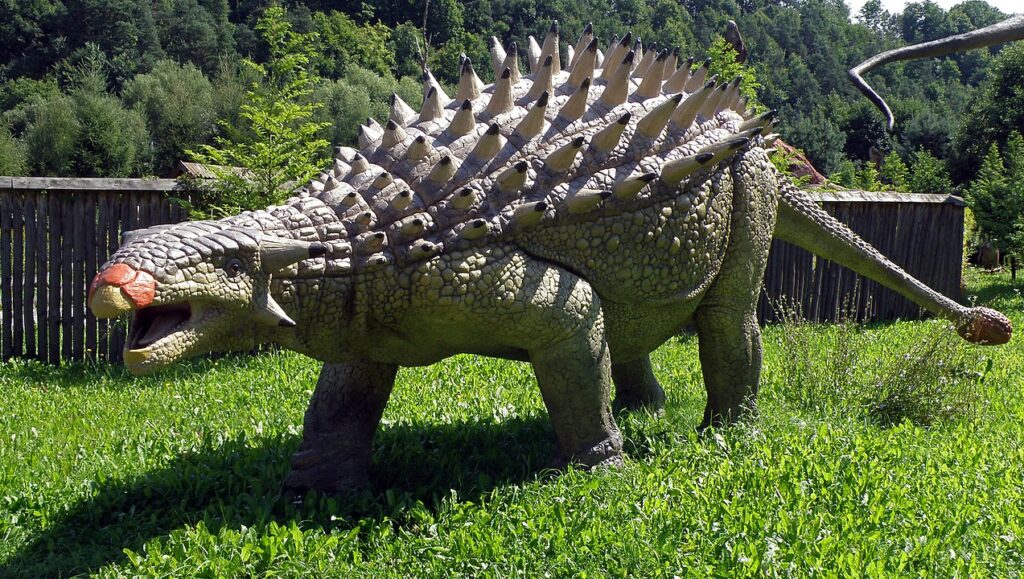Statue of an Ankylosaurus in a home's garden