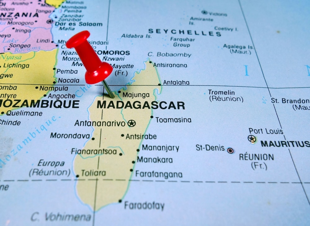 a red pin on Madagascar on a world map 