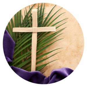 a cross and palm leaves