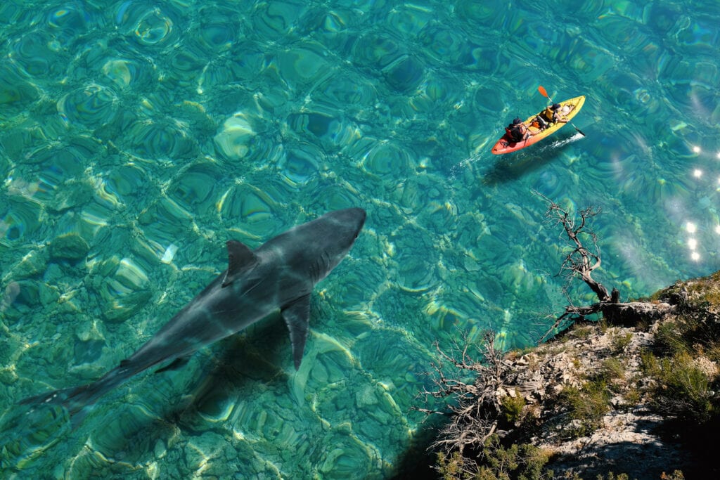 aerial shot of a great white shark following a canoe