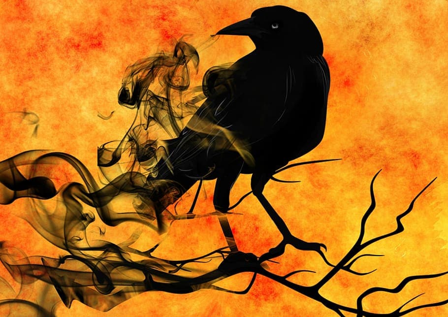 Painting of a raven with smoke on coming out off its mouth
