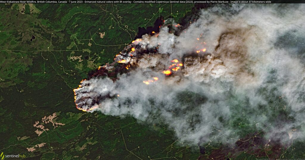 satellite view of the 2023 wildfires in British Columbia, Canada