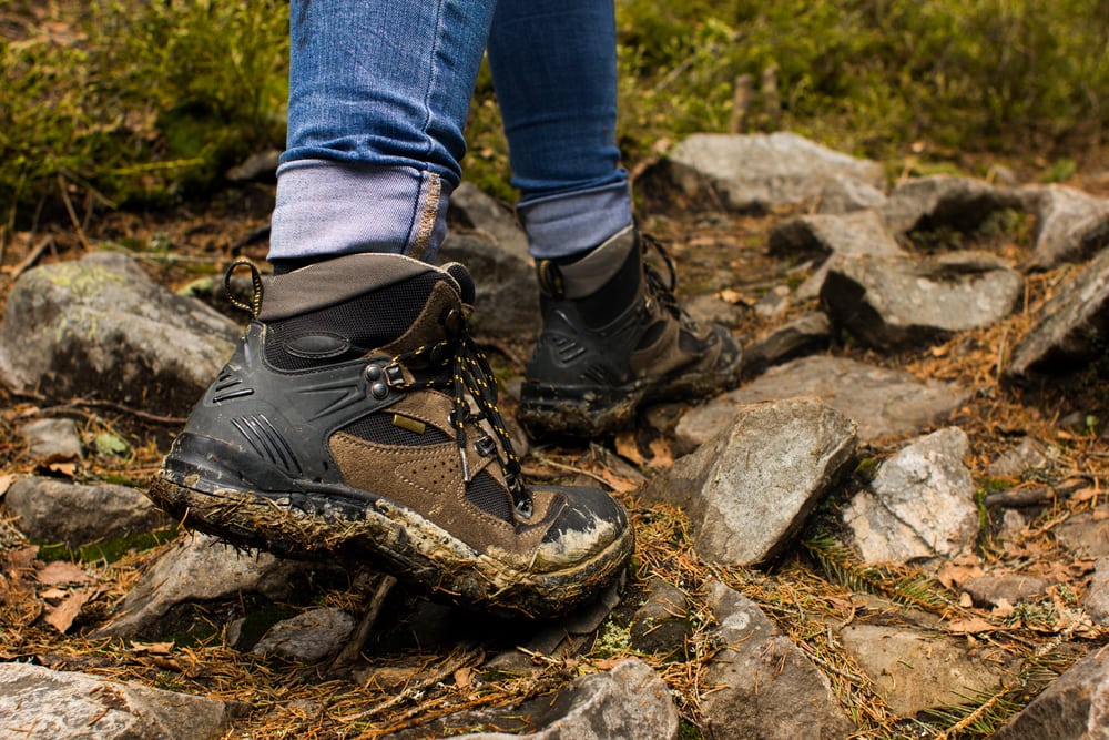hiking in jeans and muddy boots