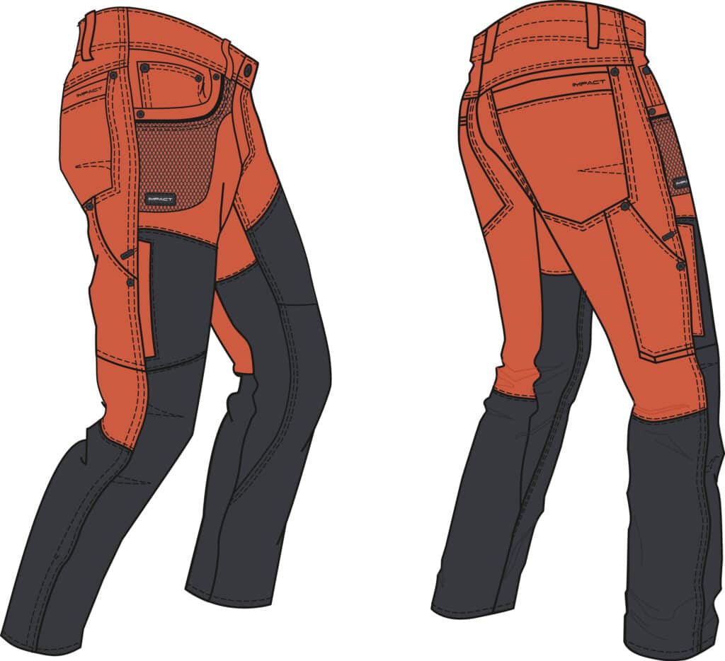 a orang and black hiking pants illustration with  multiple pockets 