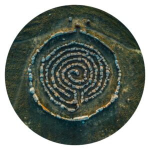 Aerial view of a labyrinth made from stones