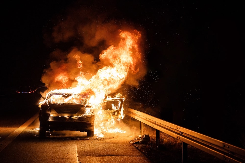 Car burning in the dark