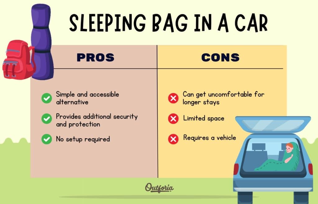 Chart of the pros and cons of sleeping bag in a car