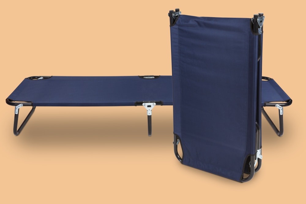 Image of a blue camping cot