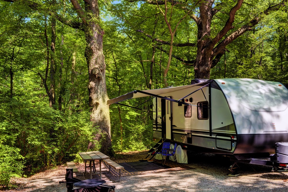 RV trailer in the woods